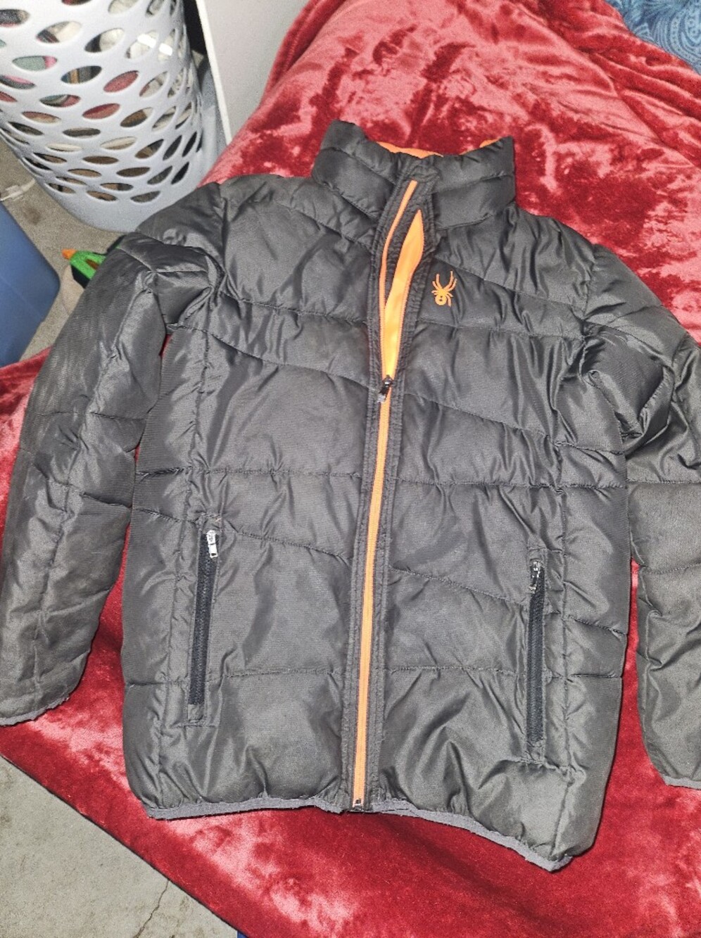 Boys Spyder Black Puffer Jacket with Orange Trim